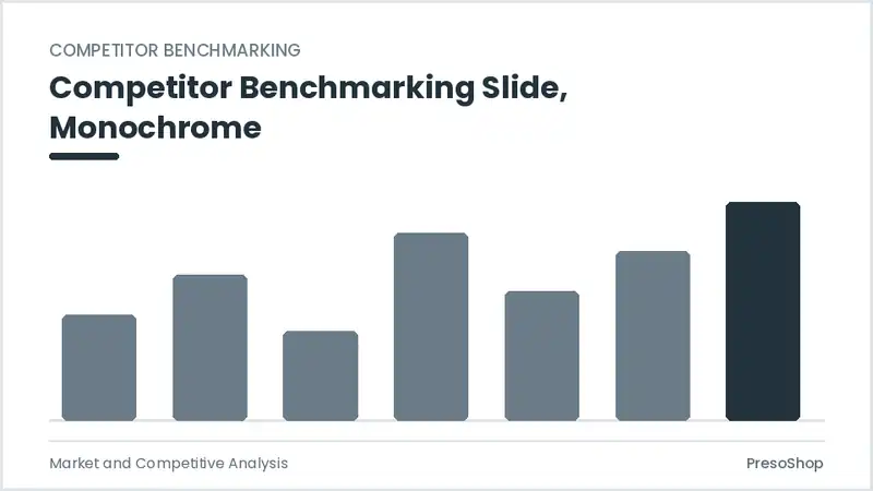 Editable PowerPoint competitor benchmarking slide template in a monochrome treatment, built from recolourable native shapes for market and competitive analysis decks