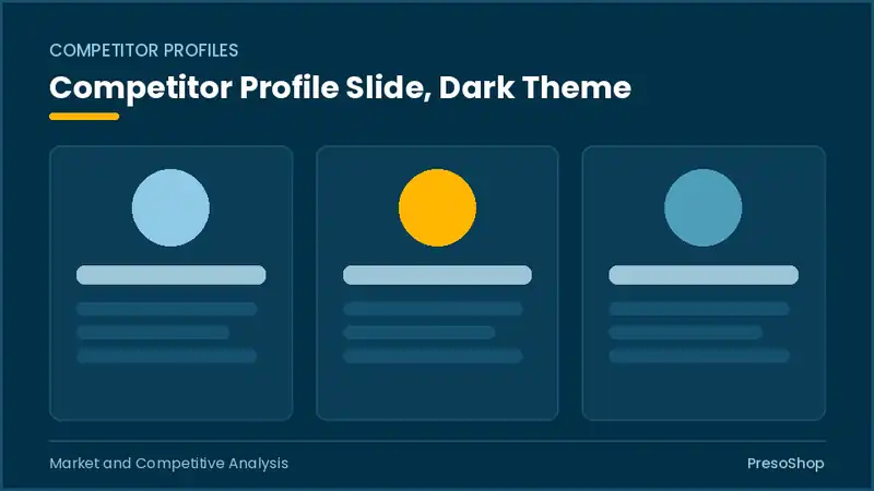 Editable PowerPoint competitor profile slide template in a dark theme, built from recolourable native shapes for market and competitive analysis decks