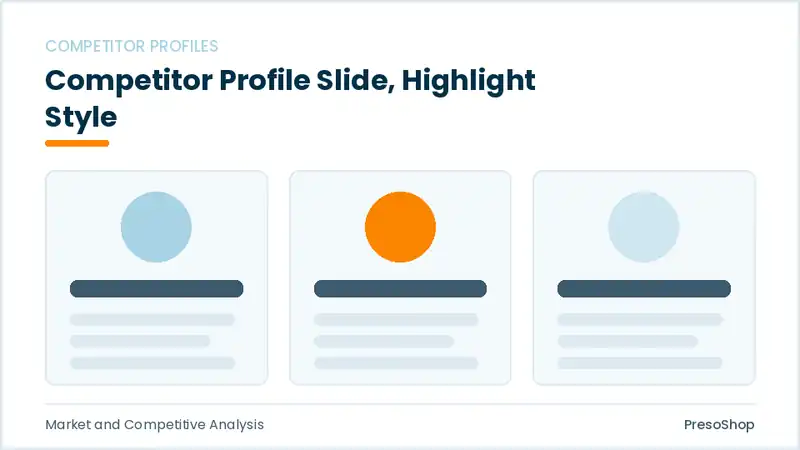 Editable PowerPoint competitor profile slide template with an accented takeaway, built from recolourable native shapes for market and competitive analysis decks