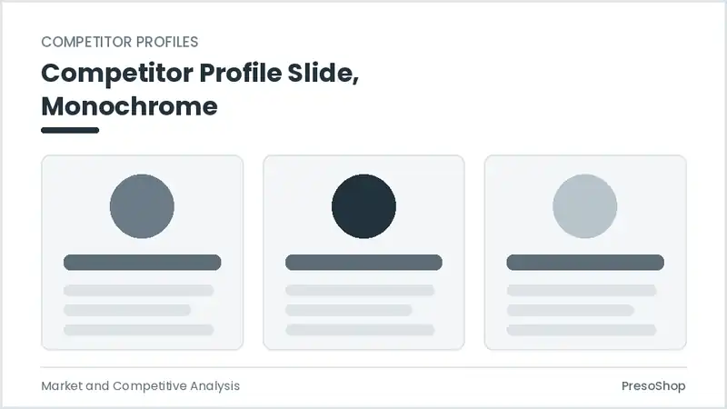 Editable PowerPoint competitor profile slide template in a monochrome treatment, built from recolourable native shapes for market and competitive analysis decks