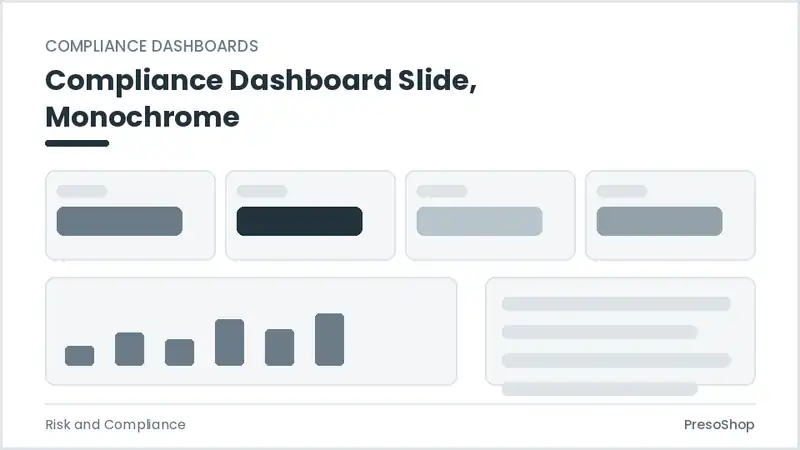 Editable PowerPoint compliance dashboard slide template in a monochrome treatment, built from recolourable native shapes for risk and compliance decks