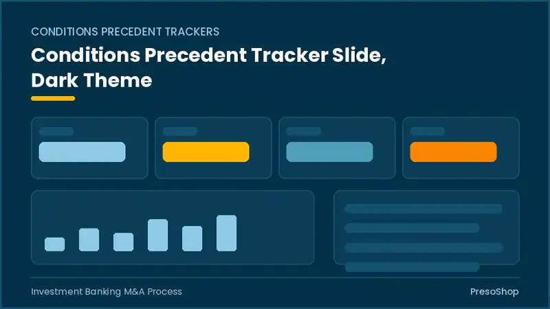 Editable PowerPoint conditions precedent tracker slide template in a dark theme, built from recolourable native shapes for investment banking m&a process decks