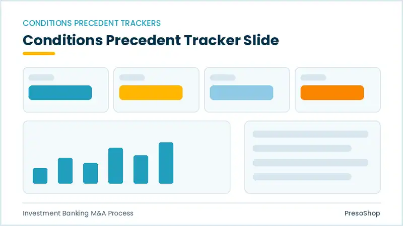 Editable PowerPoint conditions precedent tracker slide template, built from recolourable native shapes for investment banking m&a process decks