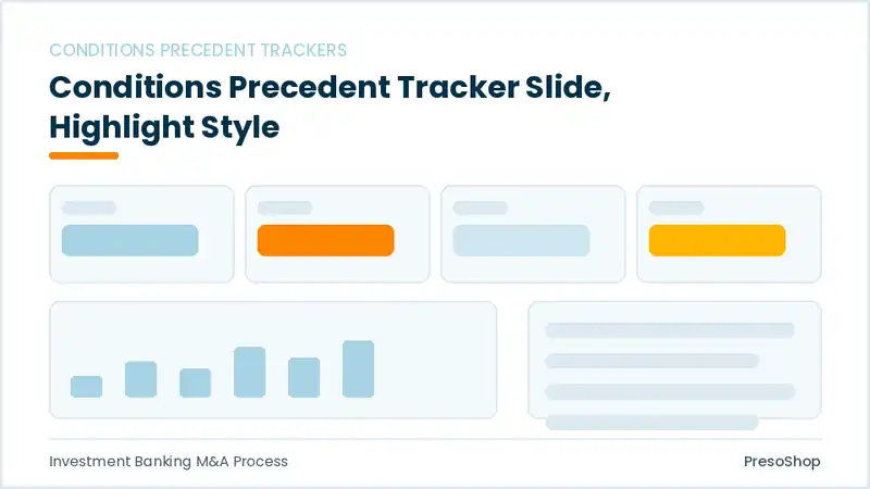 Editable PowerPoint conditions precedent tracker slide template with an accented takeaway, built from recolourable native shapes for investment banking m&a process decks