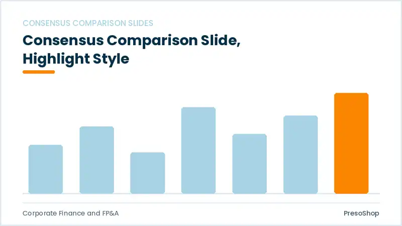 Editable PowerPoint consensus comparison slide template with an accented takeaway, built from recolourable native shapes for corporate finance and fp&a decks