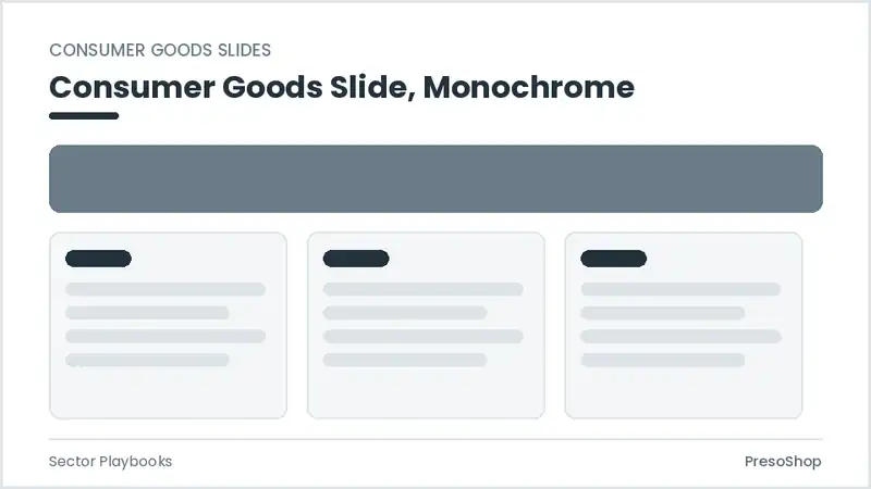 Editable PowerPoint consumer goods slide template in a monochrome treatment, built from recolourable native shapes for sector playbooks decks