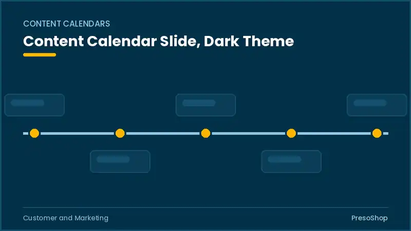 Editable PowerPoint content calendar slide template in a dark theme, built from recolourable native shapes for customer and marketing decks