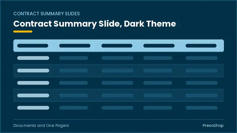 Editable PowerPoint contract summary slide template in a dark theme, built from recolourable native shapes for documents and one pagers decks