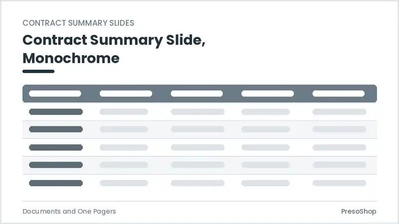 Editable PowerPoint contract summary slide template in a monochrome treatment, built from recolourable native shapes for documents and one pagers decks