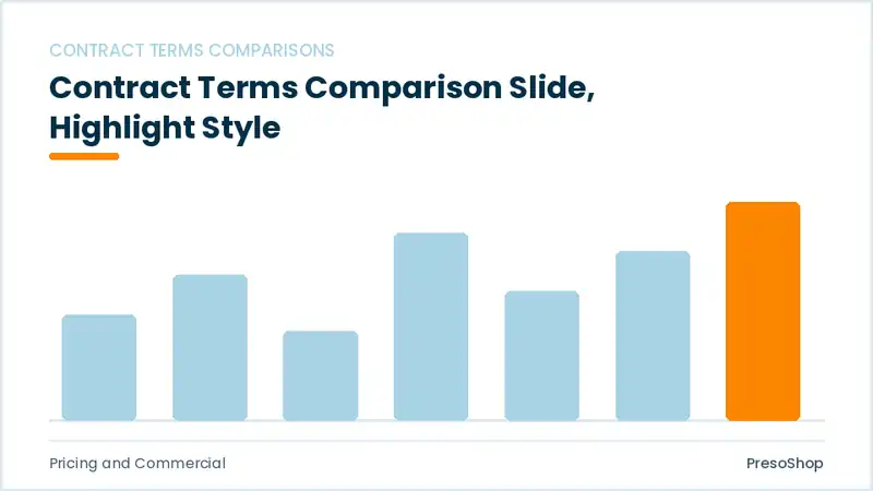 Editable PowerPoint contract terms comparison slide template with an accented takeaway, built from recolourable native shapes for pricing and commercial decks