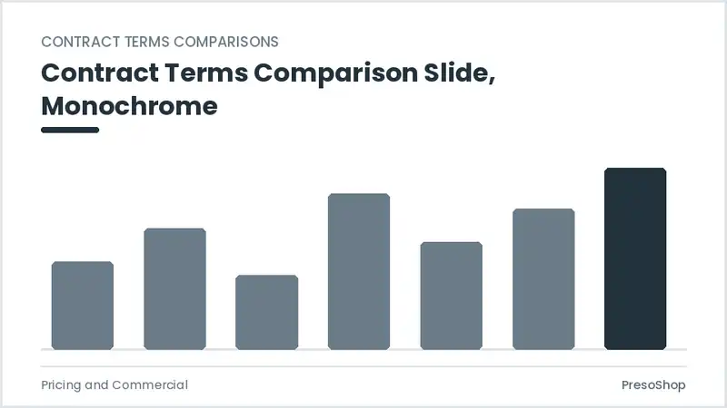 Editable PowerPoint contract terms comparison slide template in a monochrome treatment, built from recolourable native shapes for pricing and commercial decks