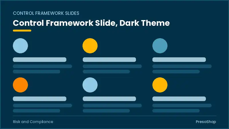Editable PowerPoint control framework slide template in a dark theme, built from recolourable native shapes for risk and compliance decks