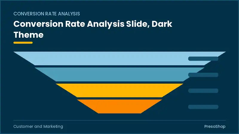 Editable PowerPoint conversion rate analysis slide template in a dark theme, built from recolourable native shapes for customer and marketing decks