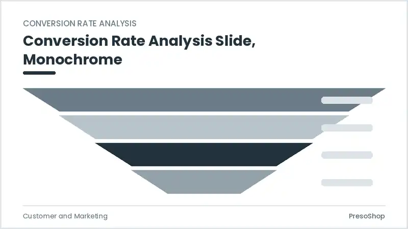 Editable PowerPoint conversion rate analysis slide template in a monochrome treatment, built from recolourable native shapes for customer and marketing decks