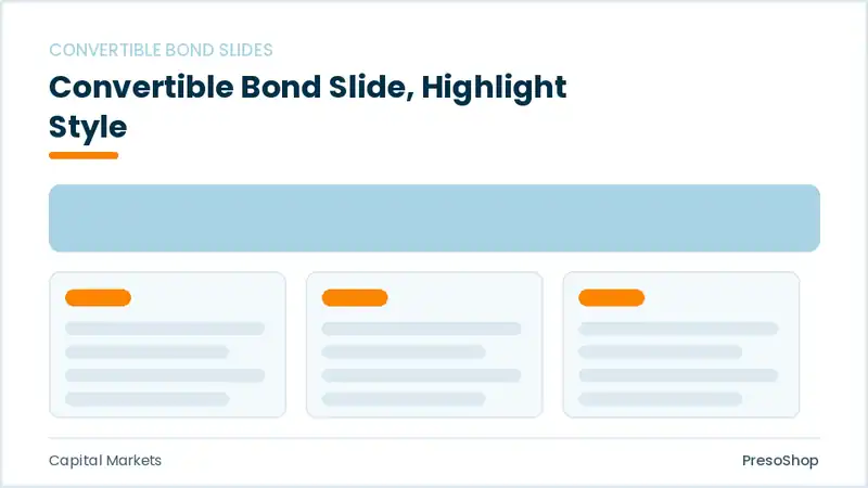 Editable PowerPoint convertible bond slide template with an accented takeaway, built from recolourable native shapes for capital markets decks