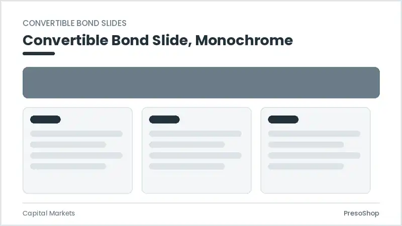 Editable PowerPoint convertible bond slide template in a monochrome treatment, built from recolourable native shapes for capital markets decks