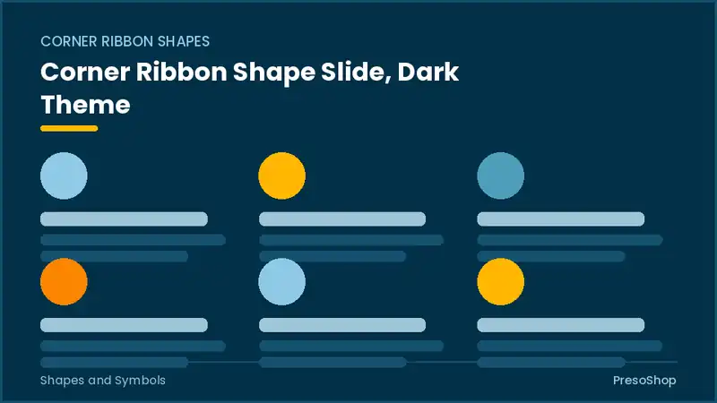 Editable PowerPoint corner ribbon shape slide template in a dark theme, built from recolourable native shapes for shapes and symbols decks
