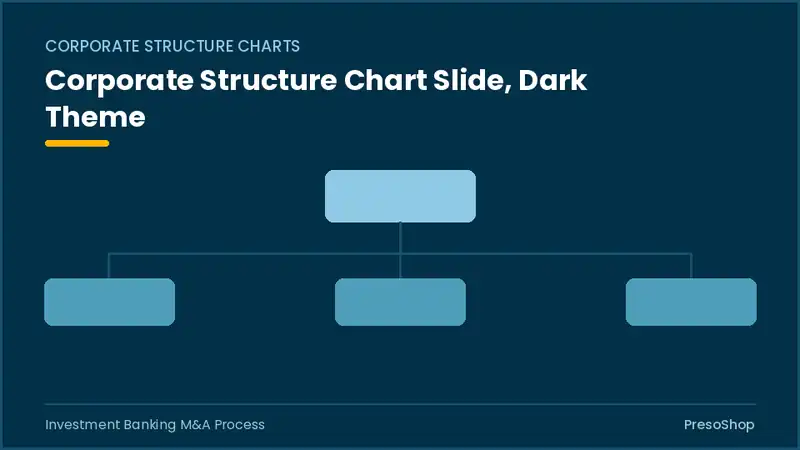 Editable PowerPoint corporate structure chart slide template in a dark theme, built from recolourable native shapes for investment banking m&a process decks