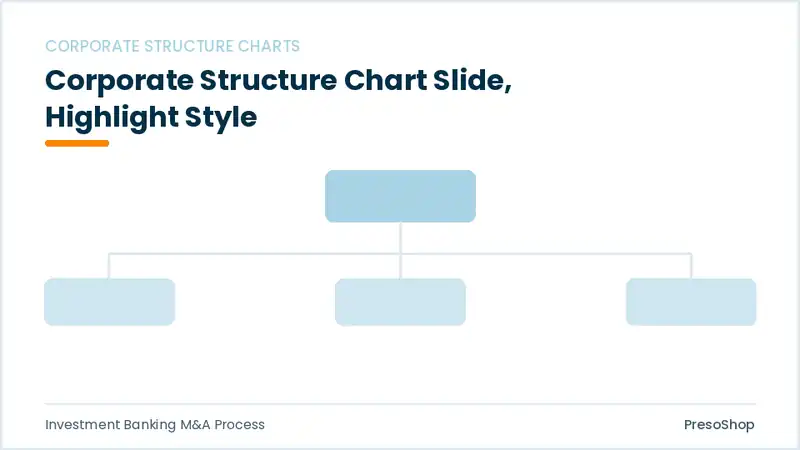 Editable PowerPoint corporate structure chart slide template with an accented takeaway, built from recolourable native shapes for investment banking m&a process decks