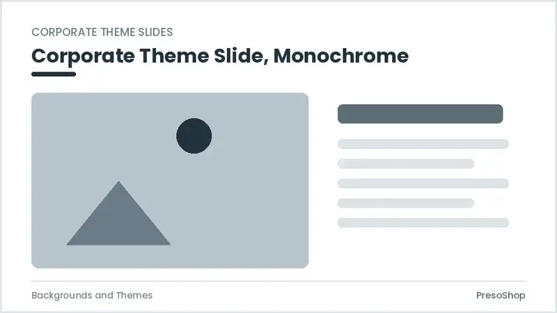 Editable PowerPoint corporate theme slide template in a monochrome treatment, built from recolourable native shapes for backgrounds and themes decks