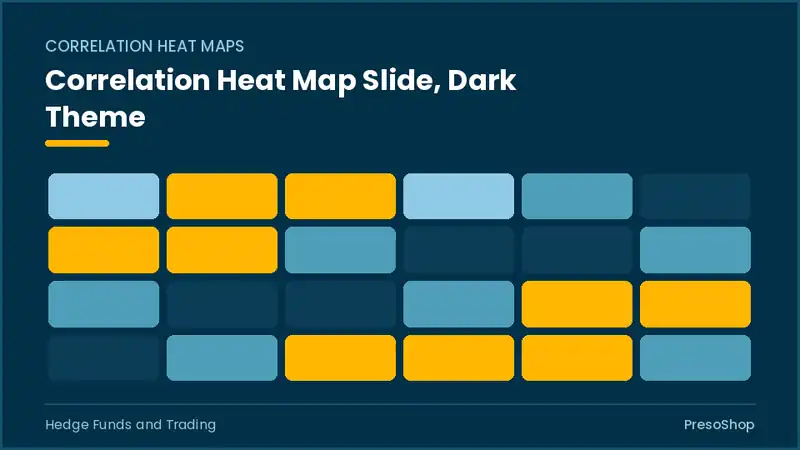 Editable PowerPoint correlation heat map slide template in a dark theme, built from recolourable native shapes for hedge funds and trading decks