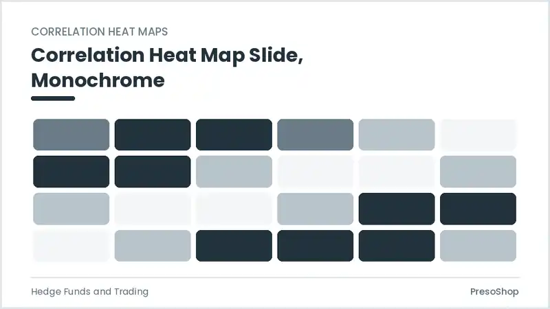 Editable PowerPoint correlation heat map slide template in a monochrome treatment, built from recolourable native shapes for hedge funds and trading decks