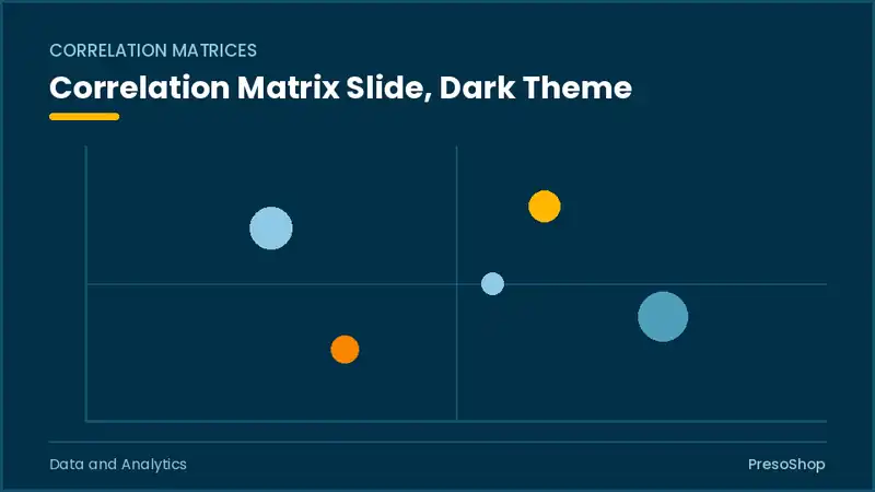 Editable PowerPoint correlation matrix slide template in a dark theme, built from recolourable native shapes for data and analytics decks