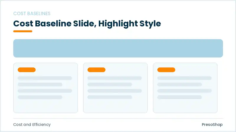 Editable PowerPoint cost baseline slide template with an accented takeaway, built from recolourable native shapes for cost and efficiency decks