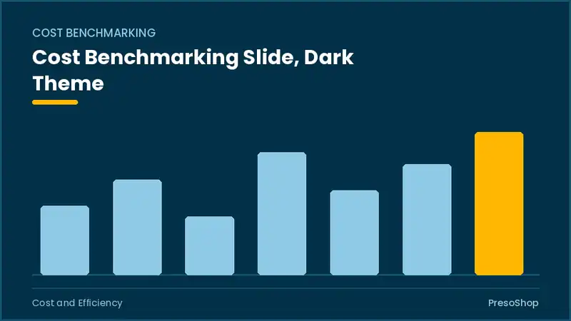 Editable PowerPoint cost benchmarking slide template in a dark theme, built from recolourable native shapes for cost and efficiency decks