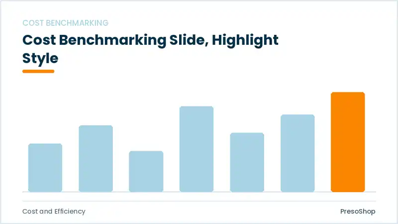 Editable PowerPoint cost benchmarking slide template with an accented takeaway, built from recolourable native shapes for cost and efficiency decks