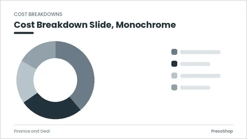Editable PowerPoint cost breakdown slide template in a monochrome treatment, built from recolourable native shapes for finance and deal decks