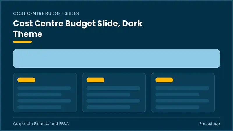 Editable PowerPoint cost centre budget slide template in a dark theme, built from recolourable native shapes for corporate finance and fp&a decks