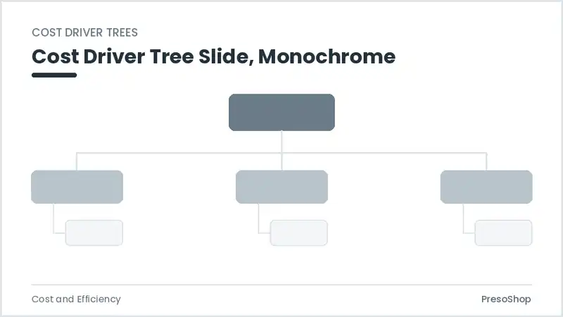 Editable PowerPoint cost driver tree slide template in a monochrome treatment, built from recolourable native shapes for cost and efficiency decks