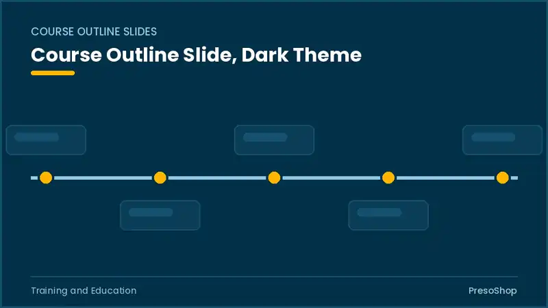 Editable PowerPoint course outline slide template in a dark theme, built from recolourable native shapes for training and education decks