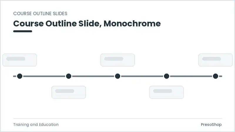 Editable PowerPoint course outline slide template in a monochrome treatment, built from recolourable native shapes for training and education decks