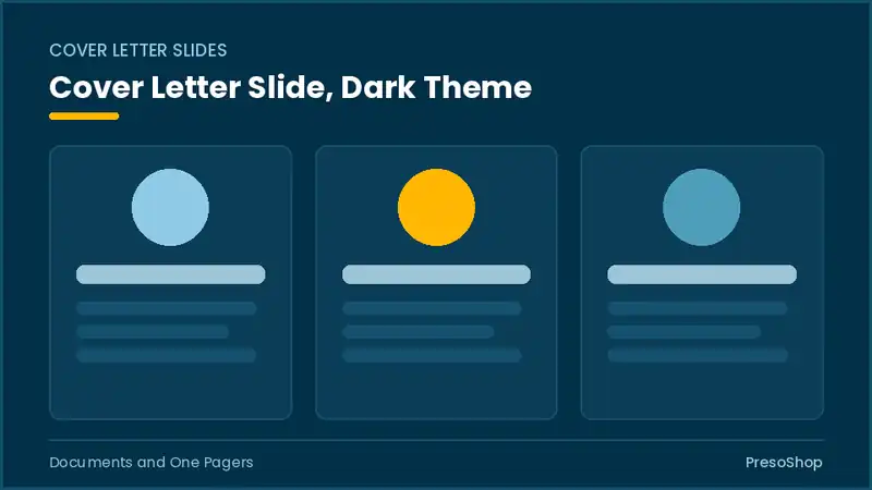 Editable PowerPoint cover letter slide template in a dark theme, built from recolourable native shapes for documents and one pagers decks