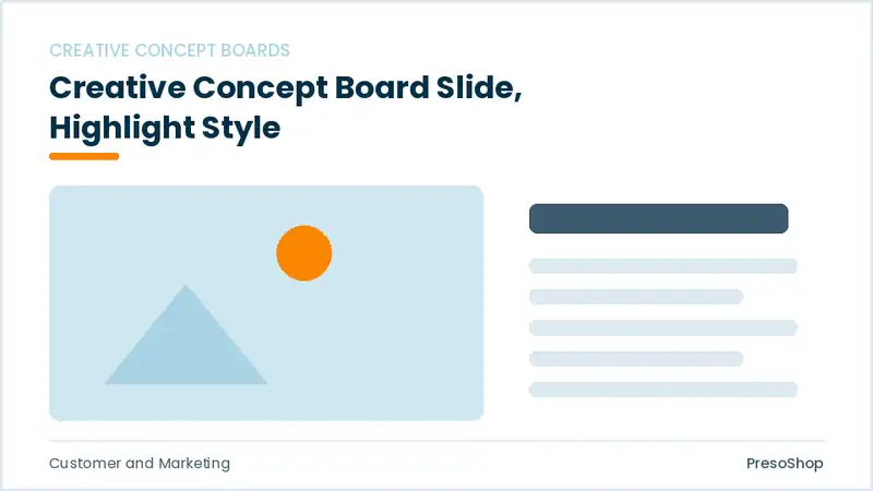 Editable PowerPoint creative concept board slide template with an accented takeaway, built from recolourable native shapes for customer and marketing decks