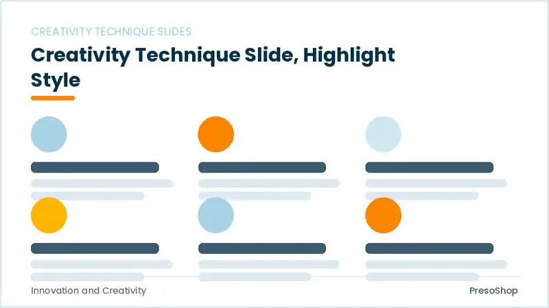 Editable PowerPoint creativity technique slide template with an accented takeaway, built from recolourable native shapes for innovation and creativity decks