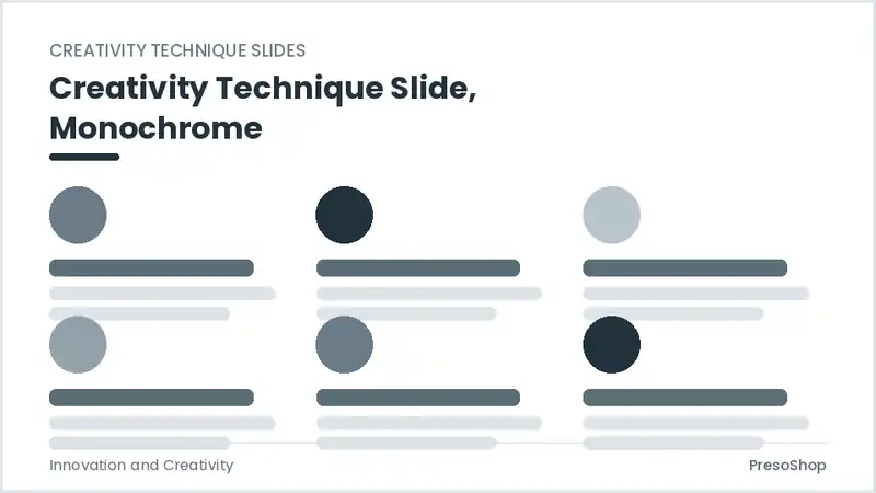 Editable PowerPoint creativity technique slide template in a monochrome treatment, built from recolourable native shapes for innovation and creativity decks