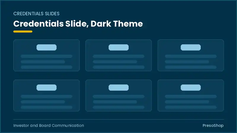 Editable PowerPoint credentials slide template in a dark theme, built from recolourable native shapes for investor and board communication decks