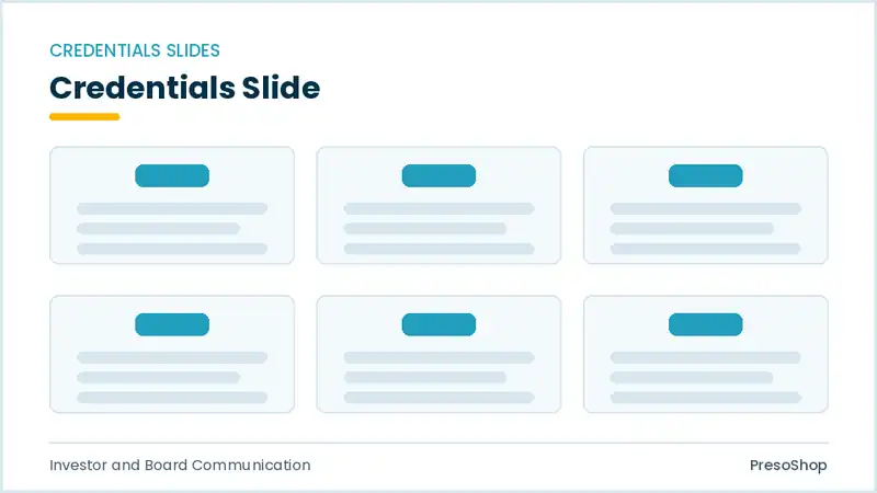 Editable PowerPoint credentials slide template, built from recolourable native shapes for investor and board communication decks