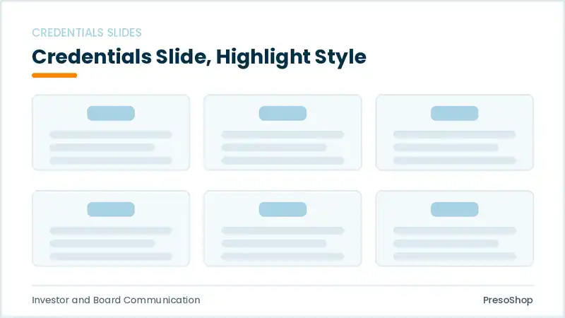 Editable PowerPoint credentials slide template with an accented takeaway, built from recolourable native shapes for investor and board communication decks