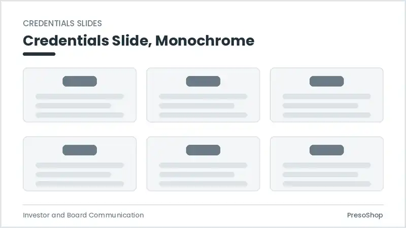 Editable PowerPoint credentials slide template in a monochrome treatment, built from recolourable native shapes for investor and board communication decks