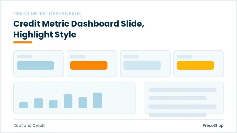Editable PowerPoint credit metric dashboard slide template with an accented takeaway, built from recolourable native shapes for debt and credit decks