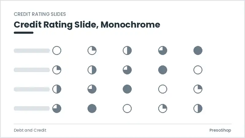 Editable PowerPoint credit rating slide template in a monochrome treatment, built from recolourable native shapes for debt and credit decks