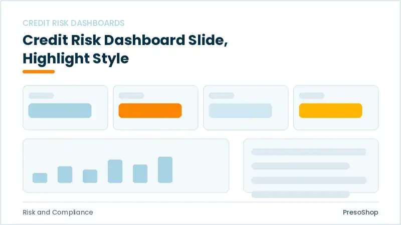 Editable PowerPoint credit risk dashboard slide template with an accented takeaway, built from recolourable native shapes for risk and compliance decks
