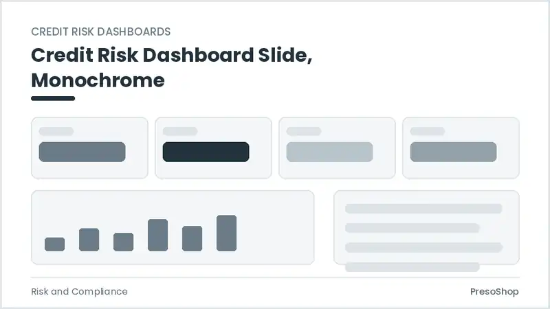 Editable PowerPoint credit risk dashboard slide template in a monochrome treatment, built from recolourable native shapes for risk and compliance decks