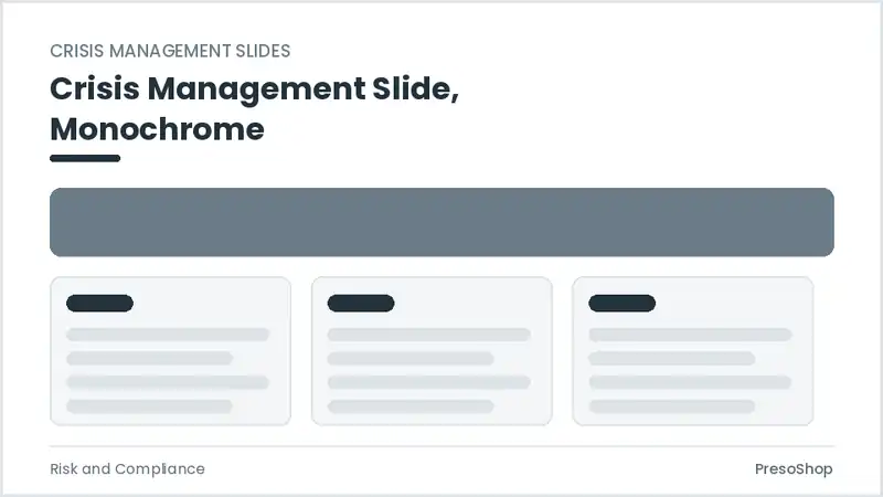 Editable PowerPoint crisis management slide template in a monochrome treatment, built from recolourable native shapes for risk and compliance decks