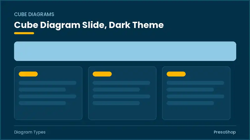 Editable PowerPoint cube diagram slide template in a dark theme, built from recolourable native shapes for diagram types decks