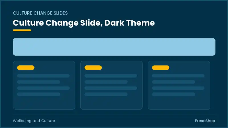 Editable PowerPoint culture change slide template in a dark theme, built from recolourable native shapes for wellbeing and culture decks